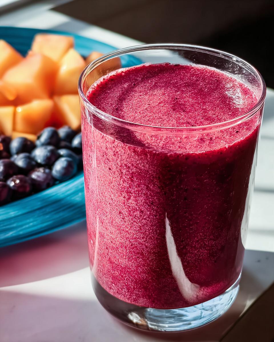 A vibrant berry smoothie in a glass, with a bowl of blueberries and cantaloupe in the background. Part of our Breakfast Ideas Recipes.