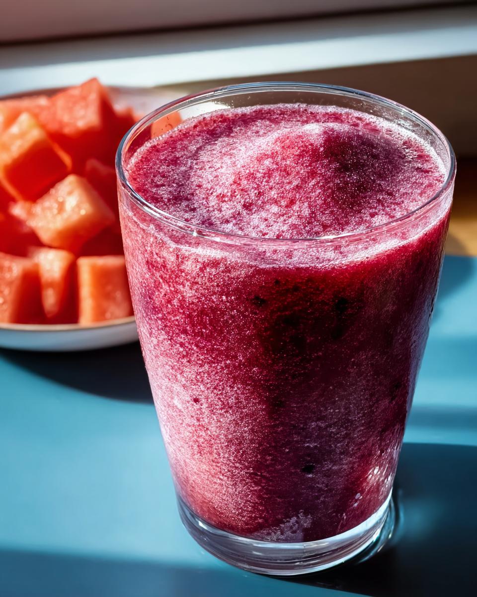A close-up of a vibrant berry smoothie in a glass, with cubed watermelon in the background, perfect for breakfast ideas.
