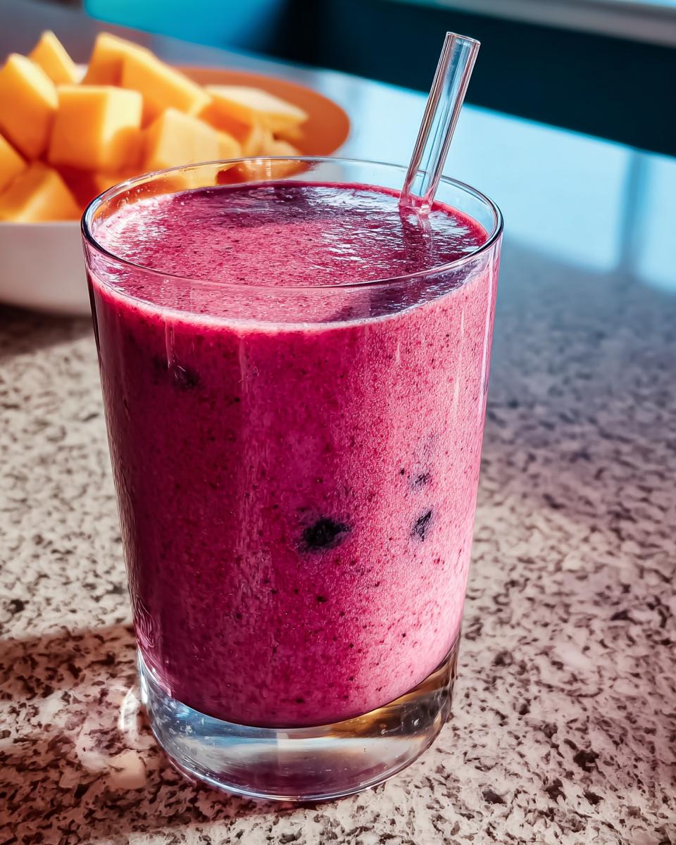A vibrant pink berry smoothie in a glass with a straw, served with diced cantaloupe in the background. A perfect addition to Breakfast Ideas Recipes.