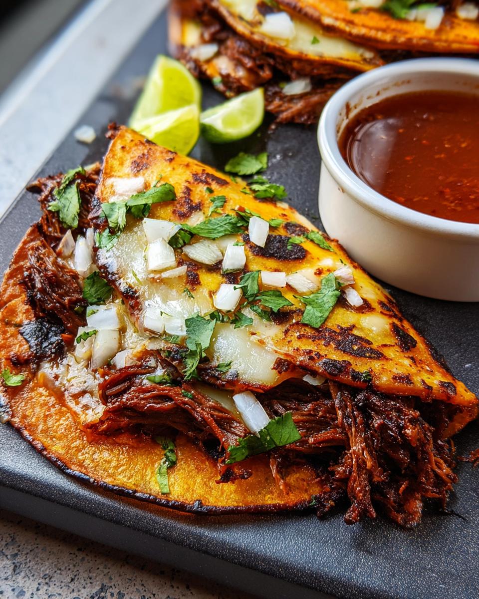 Close-up of a crispy birria taco filled with shredded beef, melted cheese, onions, and cilantro, served with lime wedges and consommé.