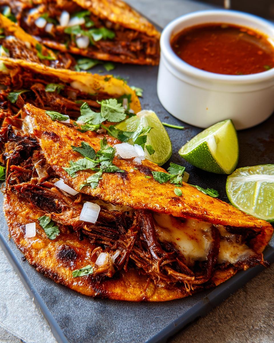 Close-up of a cheesy birria taco with shredded beef, cilantro, and onion, served with a side of consommé and lime wedges.