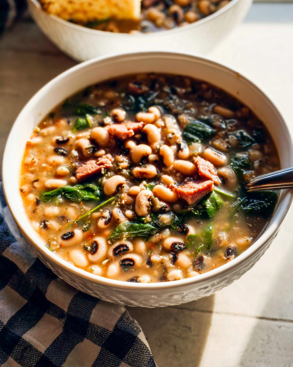 A bowl of hearty black-eyed pea soup with ham and greens, part of The Ultimate Soup Recipes Guide for Beginners.