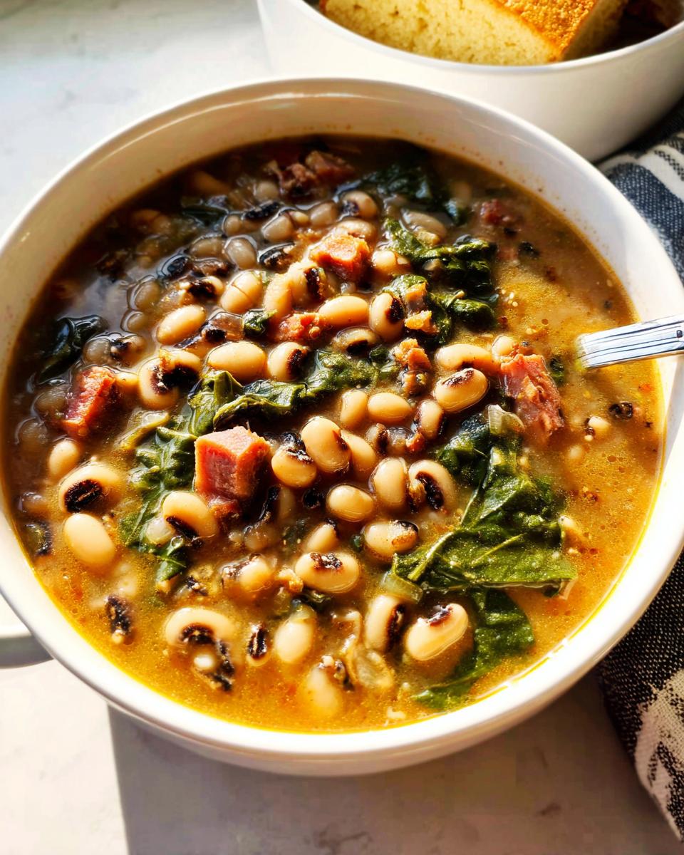 A bowl of hearty black-eyed pea soup with greens and ham, part of The Ultimate Soup Recipes Guide for Beginners.