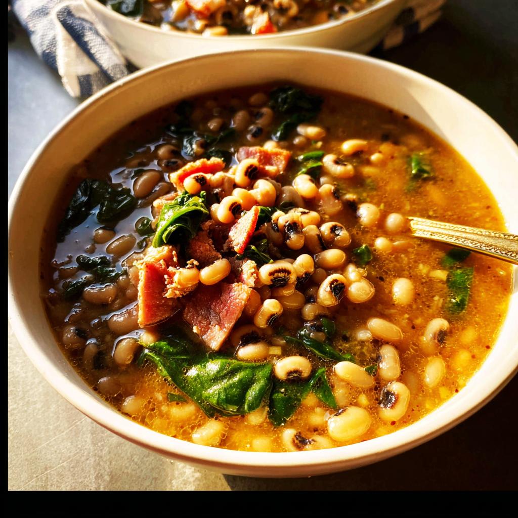 A close-up of a bowl of black eyed pea soup with bacon and greens, perfect for beginner soup recipes.