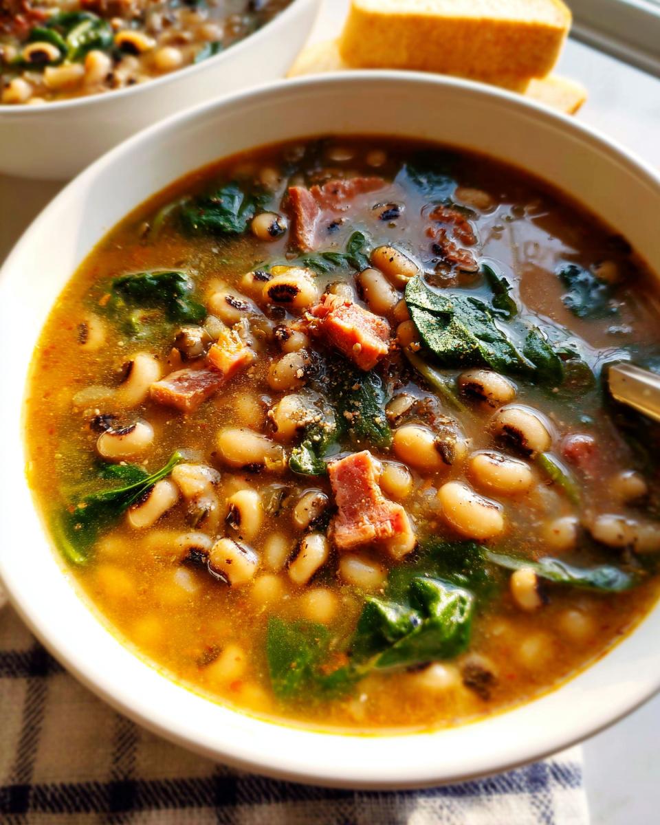 A close-up of a bowl of hearty black-eyed pea soup with spinach and ham, part of The Ultimate Soup Recipes Guide for Beginners.