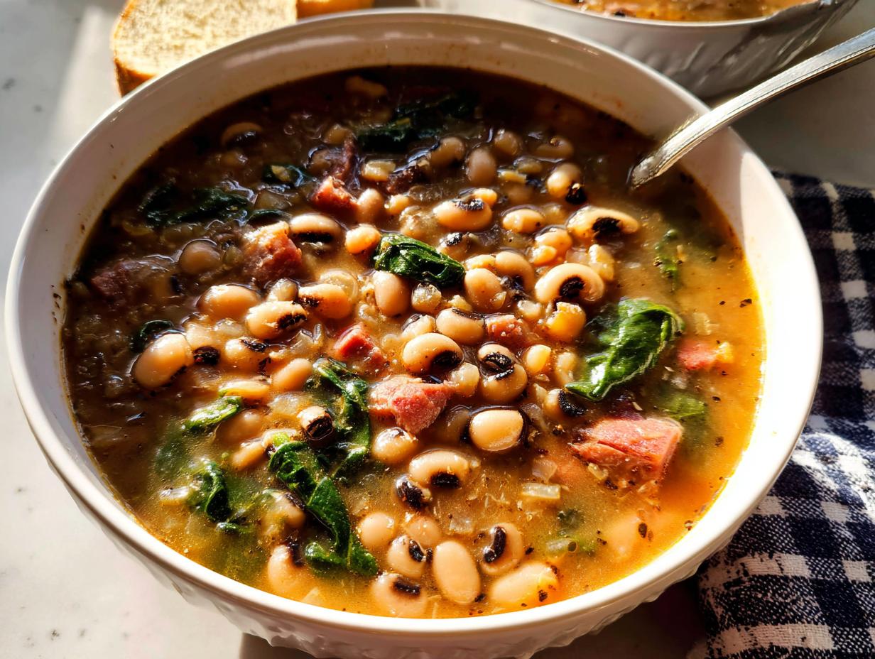 A close-up of a bowl of hearty black eyed peas soup with ham and greens, part of The Ultimate Soup Recipes Guide for Beginners.