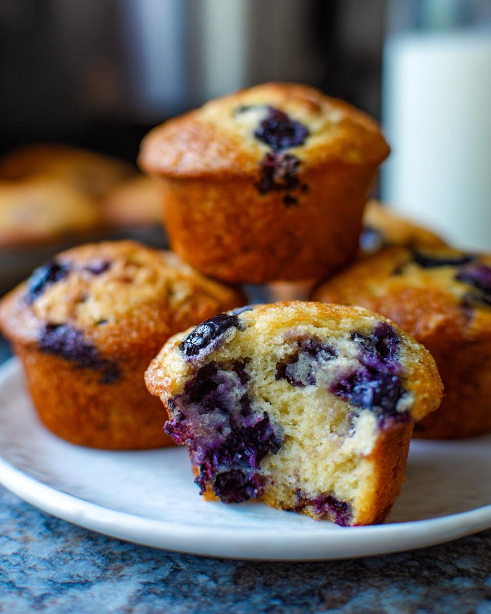 Close-up of a blueberry muffin, with a bite taken out, revealing juicy blueberries and a fluffy cake texture. Part of cake ideas recipes meal prep.