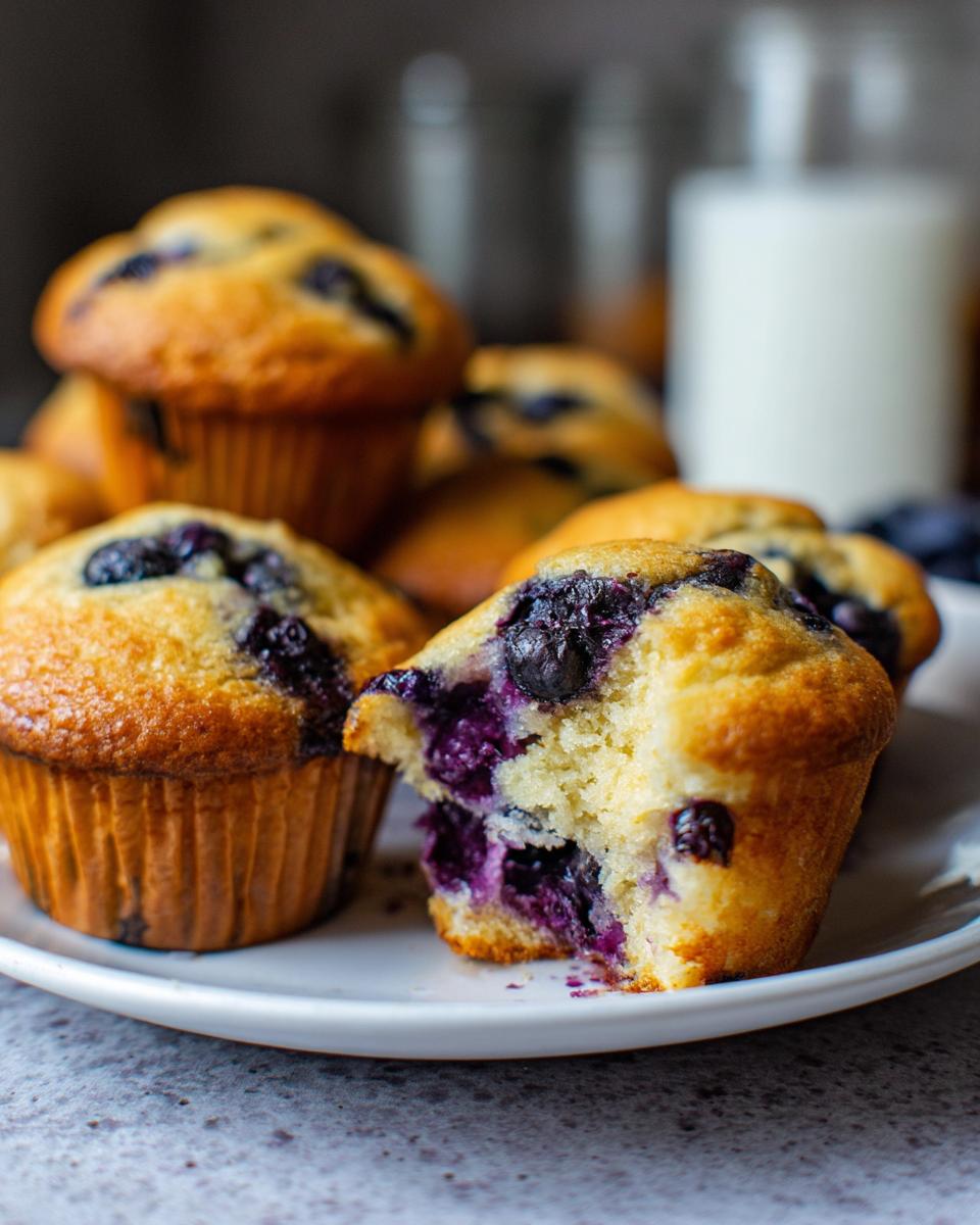Close-up of freshly baked blueberry muffins, one with a bite taken out showing juicy blueberries.