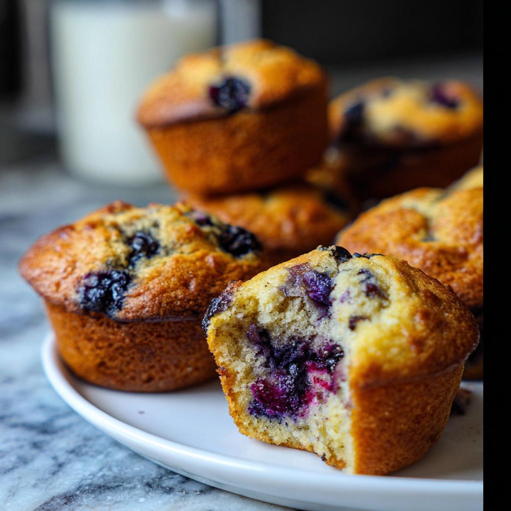 Close-up of meal prep friendly blueberry muffins, one is broken in half to show the juicy blueberry filling.