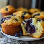 Close-up of a fluffy blueberry muffin, one broken open to reveal juicy blueberries, part of a meal prep cake ideas recipe.