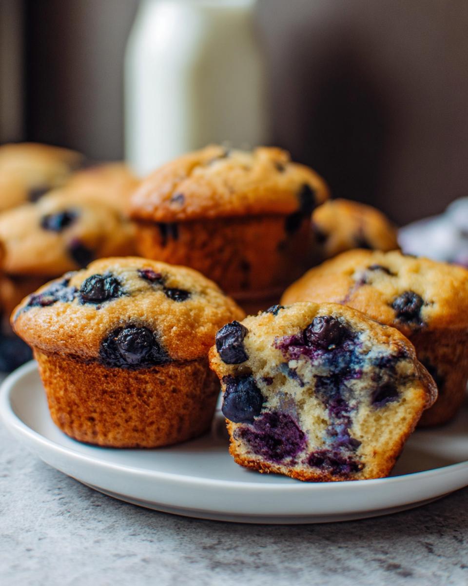 Close-up of blueberry muffins, one cut in half to reveal juicy blueberries and fluffy cake.
