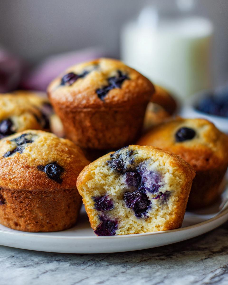 Close-up of blueberry muffins, one split open to reveal juicy blueberries, perfect for cake ideas recipes meal prep.