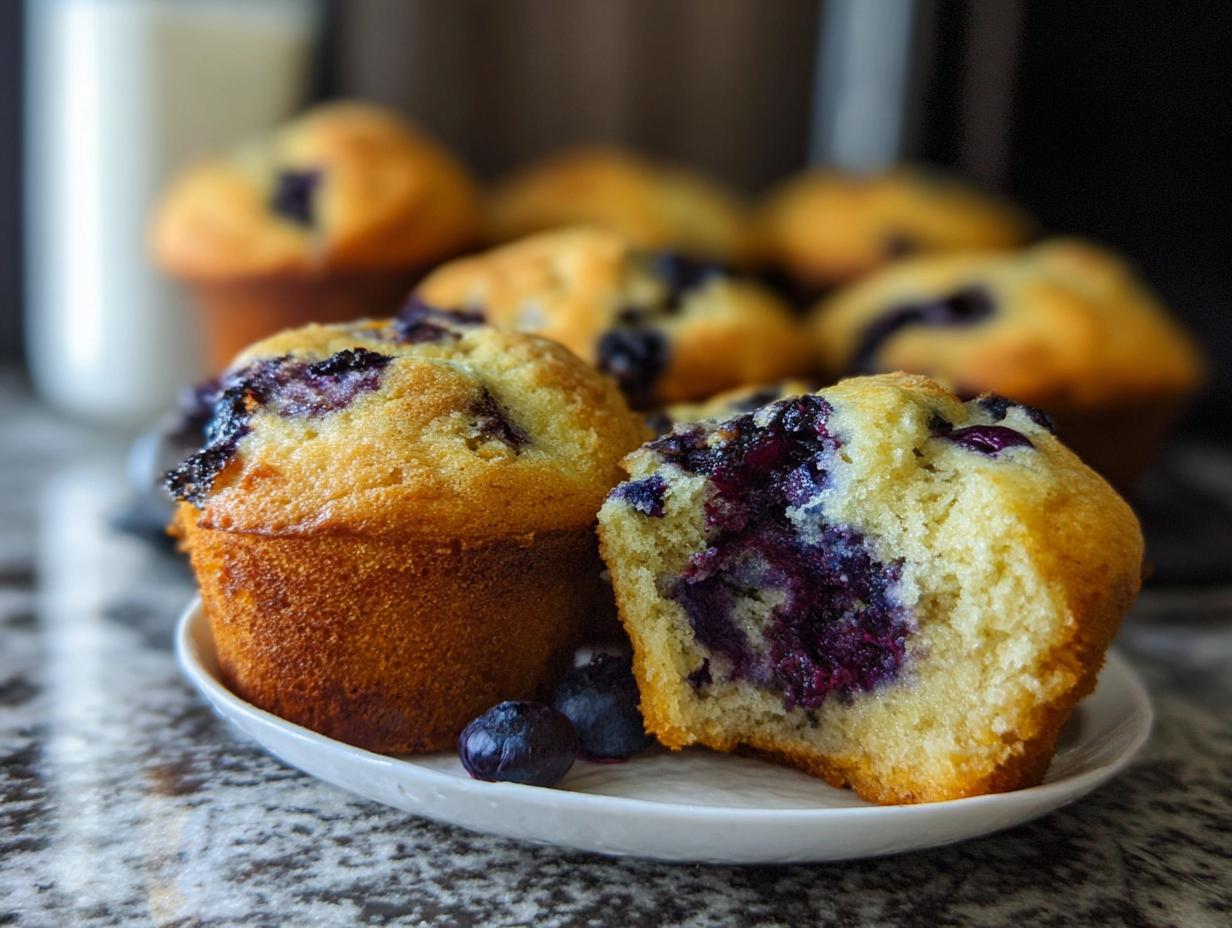Close-up of a fluffy blueberry muffin, one broken open to reveal juicy blueberries, part of a meal prep cake ideas recipe.