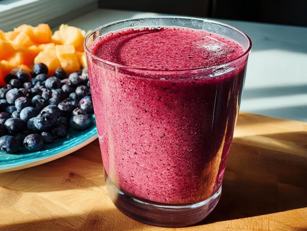 A vibrant blueberry smoothie in a glass, with fresh blueberries and cantaloupe on the side, perfect for breakfast ideas.