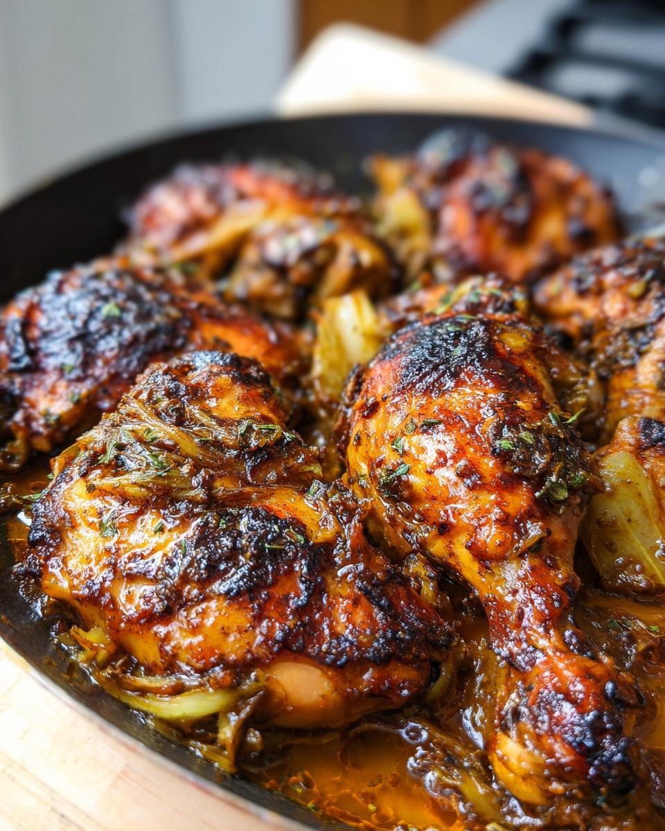 Close-up of tender, glazed chicken legs and thighs braised in a skillet with onions and herbs.