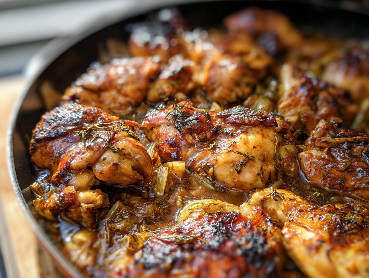 Close-up of juicy, browned chicken pieces braising in a rich sauce with herbs in a pan.