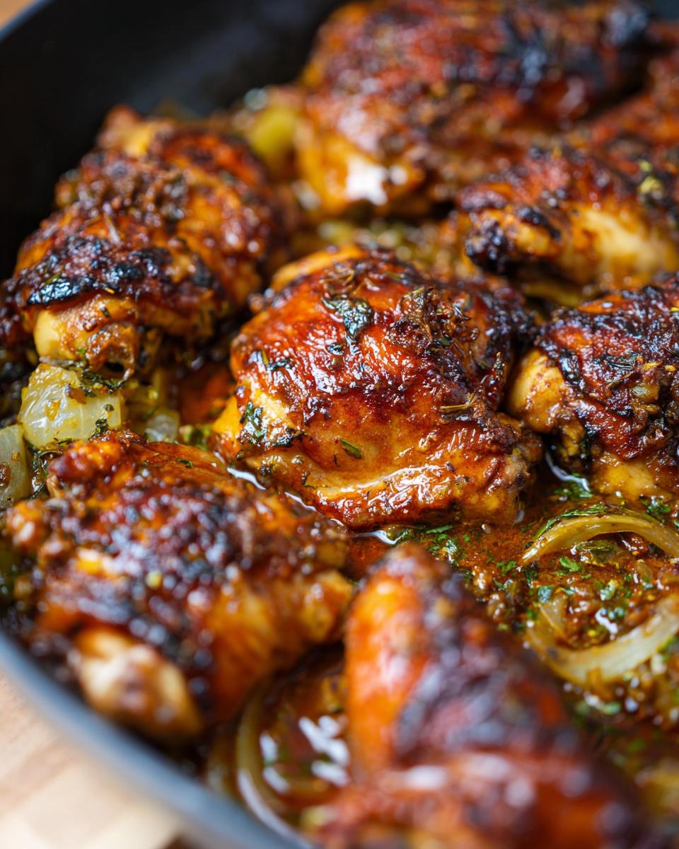 Close-up of juicy braised chicken thighs in a skillet with onions and herbs, part of The Only Chicken Recipes Recipe You’ll Need.
