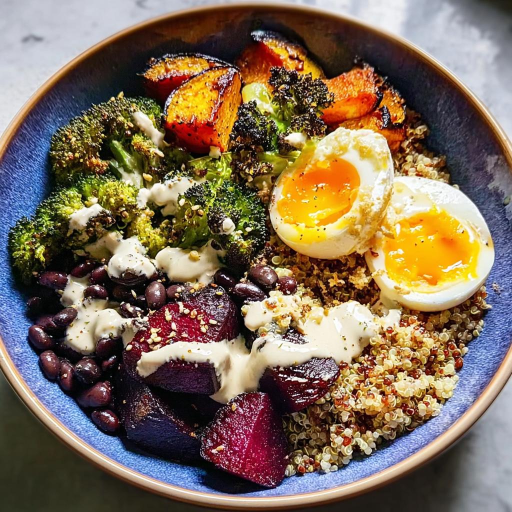 A vibrant breakfast bowl with quinoa, black beans, roasted beets, broccoli, pumpkin, and soft-boiled eggs, drizzled with tahini sauce.