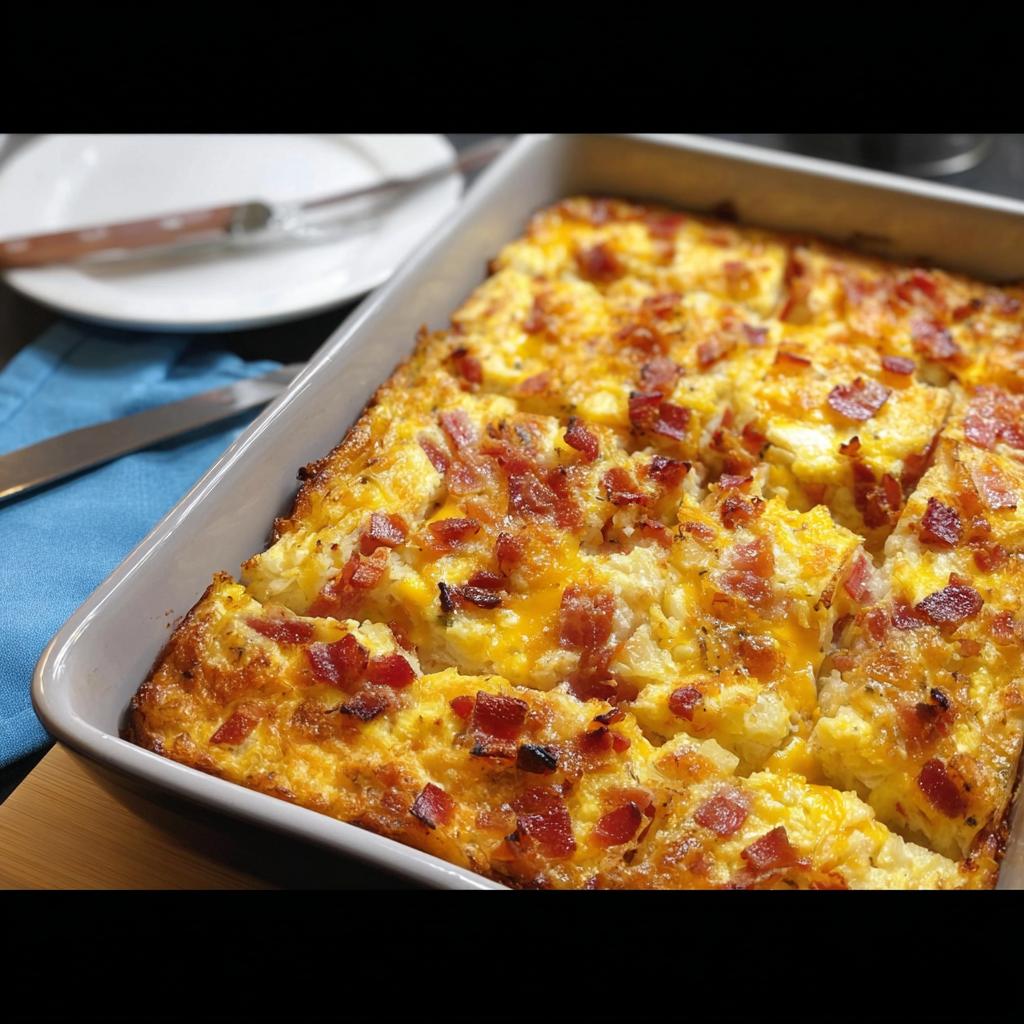 A freshly baked breakfast casserole with bacon and cheese in a baking dish, part of The Only Breakfast Ideas Recipes Recipe You’ll Need.