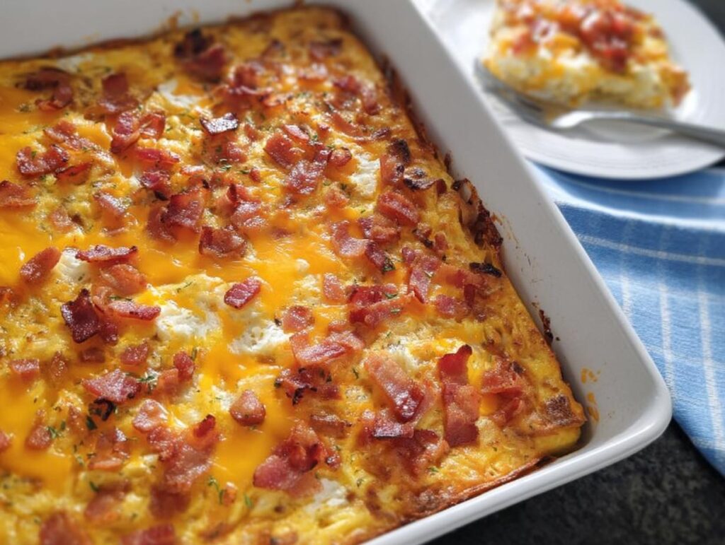 A delicious breakfast casserole with bacon and melted cheese, perfect for any of your breakfast ideas recipes.