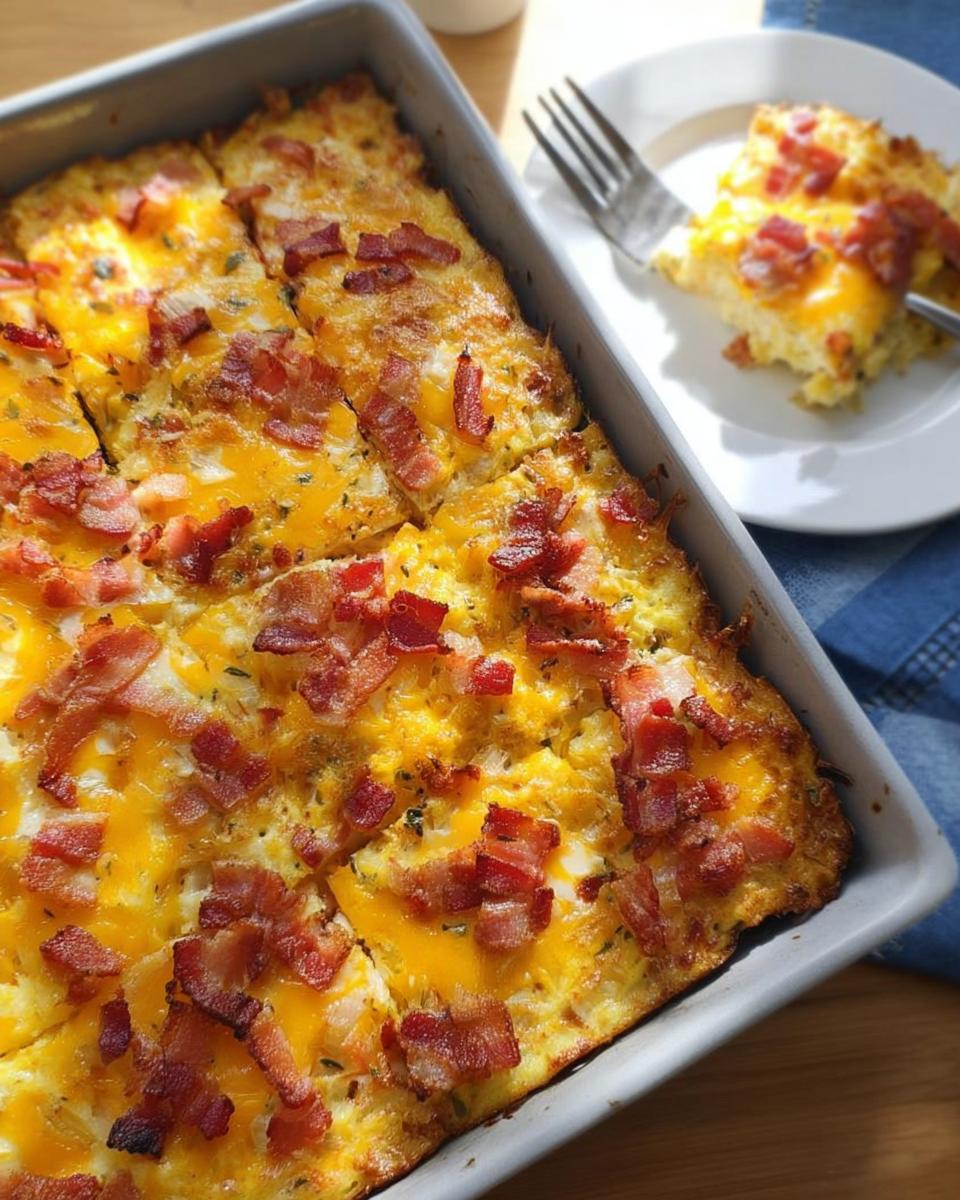 A hearty breakfast casserole topped with crispy bacon and melted cheddar cheese, sliced and ready to serve.