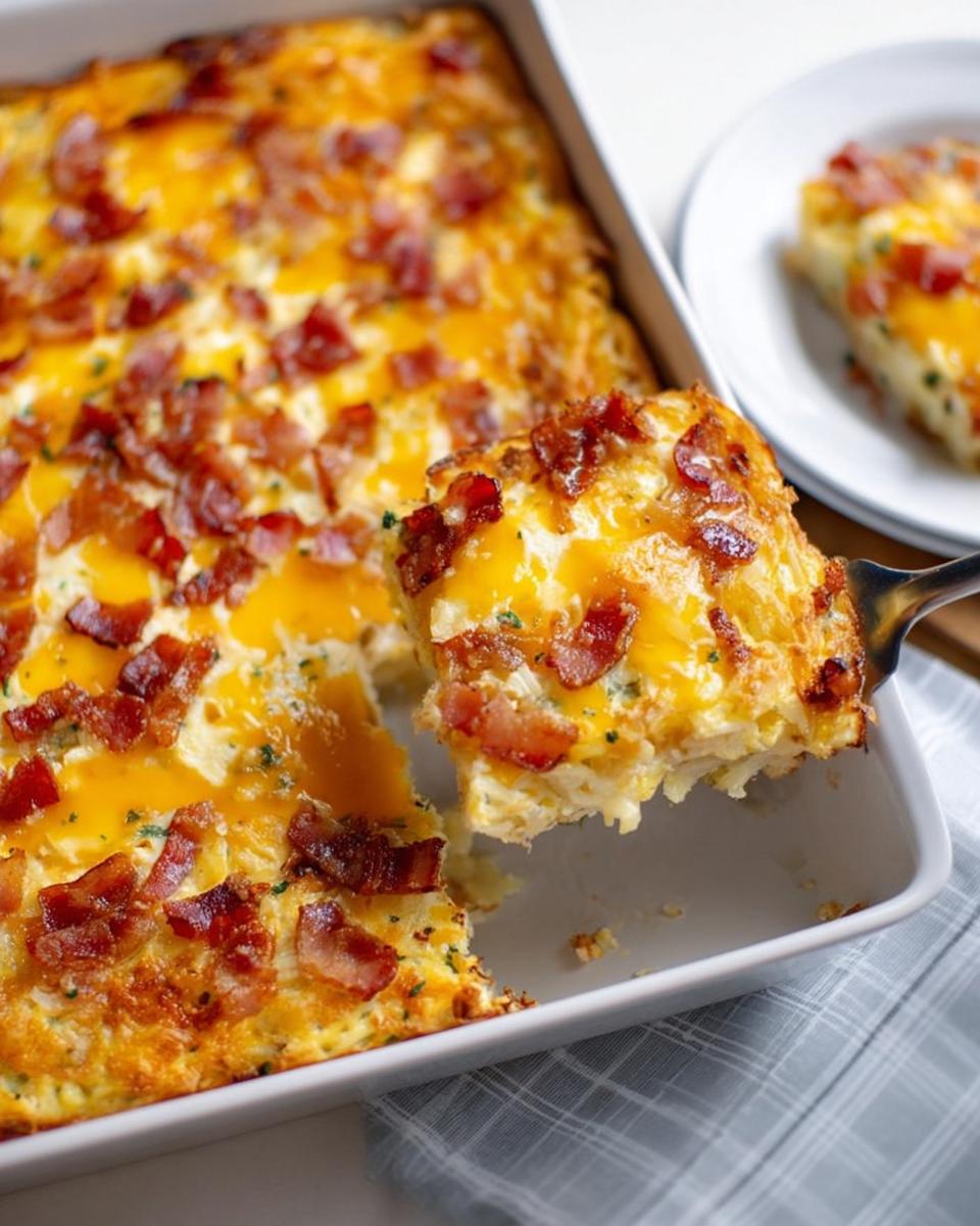 A slice of delicious breakfast casserole with bacon and cheese being lifted from a baking dish.