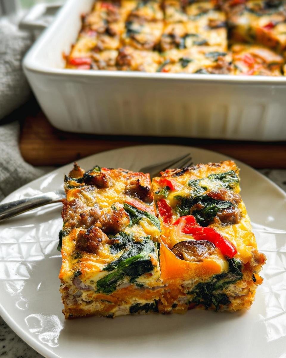 Two slices of a hearty breakfast casserole with sausage, spinach, and peppers, perfect for meal prep.