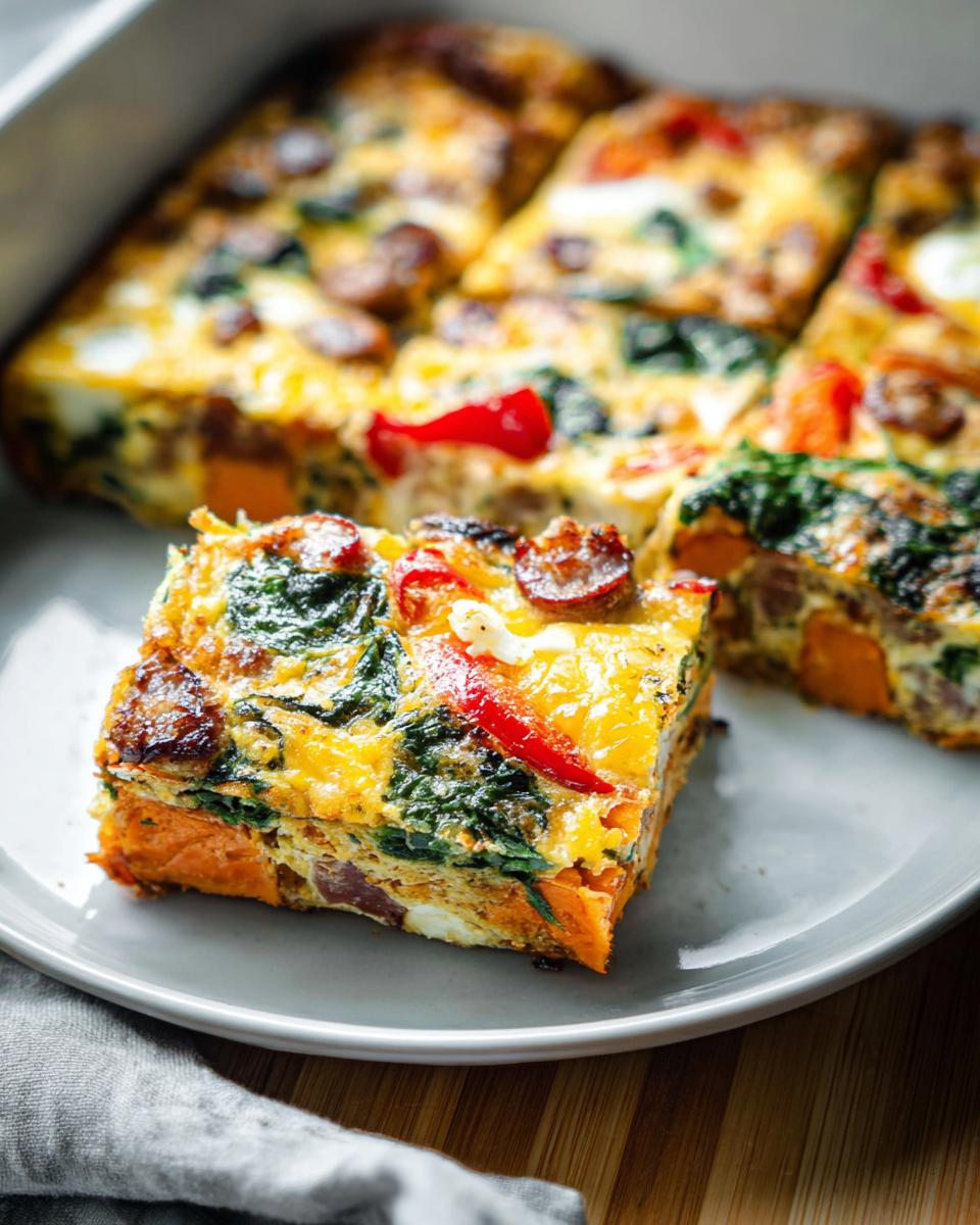 Slice of breakfast casserole with sweet potato, spinach, sausage, and red pepper, perfect for meal prep ideas recipes.