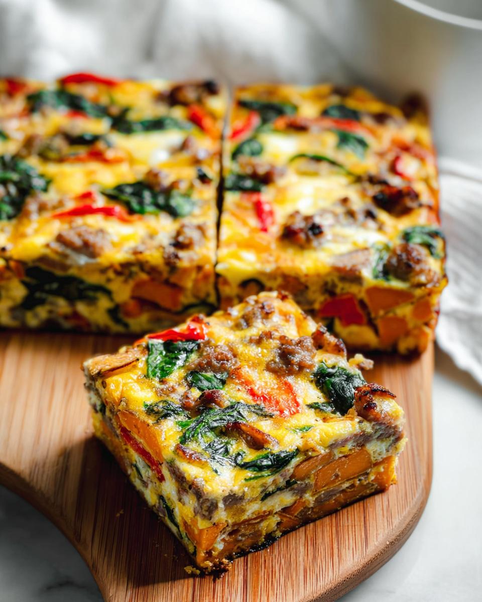 Close-up of a slice of breakfast casserole with sweet potato, spinach, sausage, and red peppers.