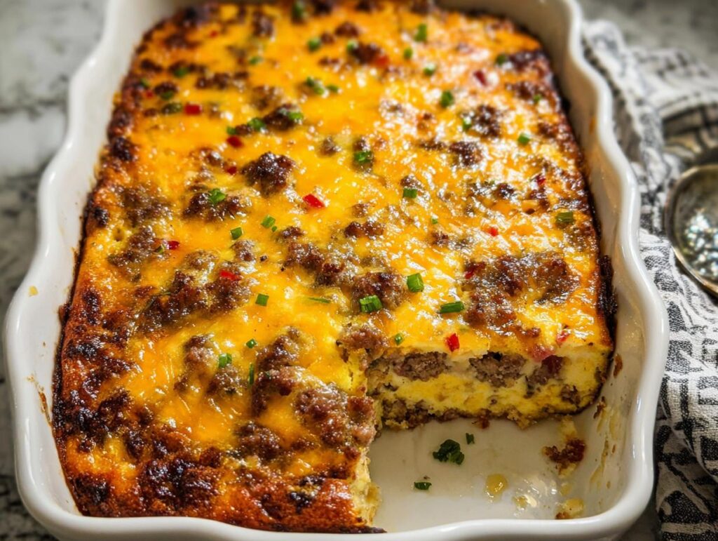 A hearty breakfast casserole with sausage, eggs, and melted cheese, perfect for meal prep ideas and recipes.