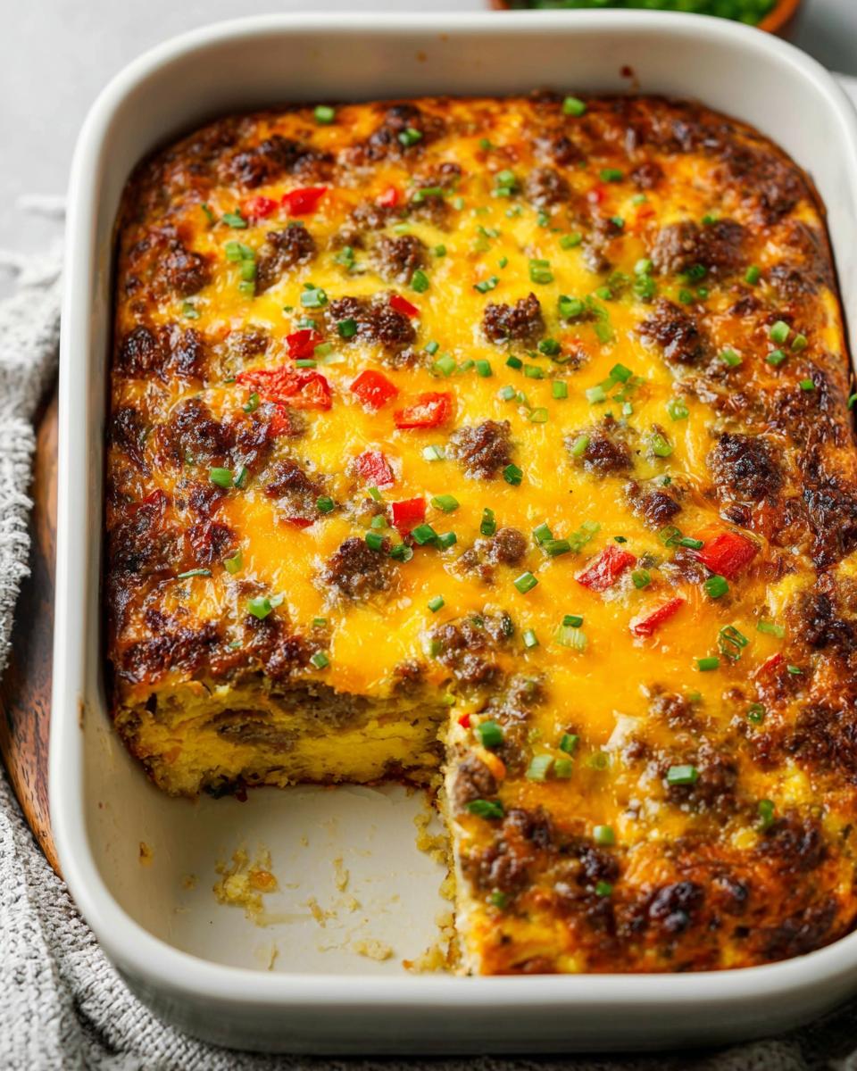 A delicious breakfast casserole with sausage, cheese, and peppers, perfect for meal prep recipes.