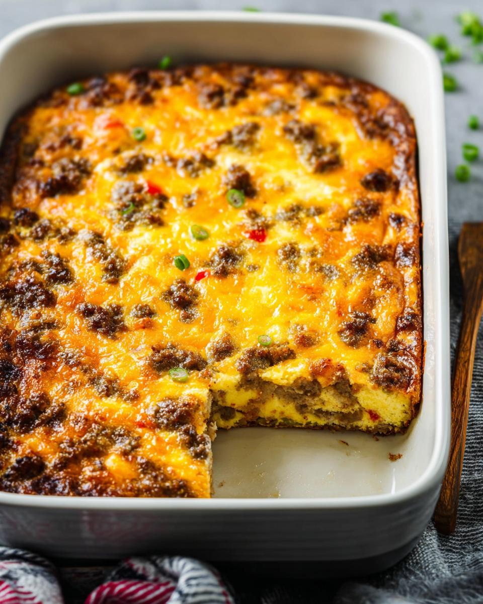 A golden-brown breakfast casserole with sausage and cheese, a slice removed, perfect for meal prep.