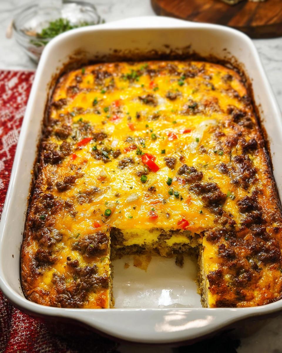 A hearty breakfast casserole with sausage, cheese, and vegetables, perfect for meal prep.