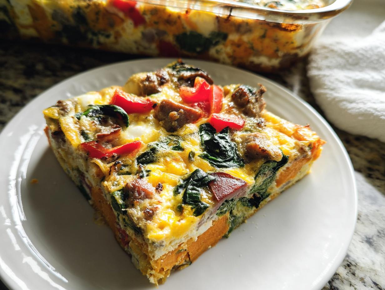 A slice of breakfast casserole with sweet potato, spinach, sausage, and red peppers, part of meal prep ideas recipes.
