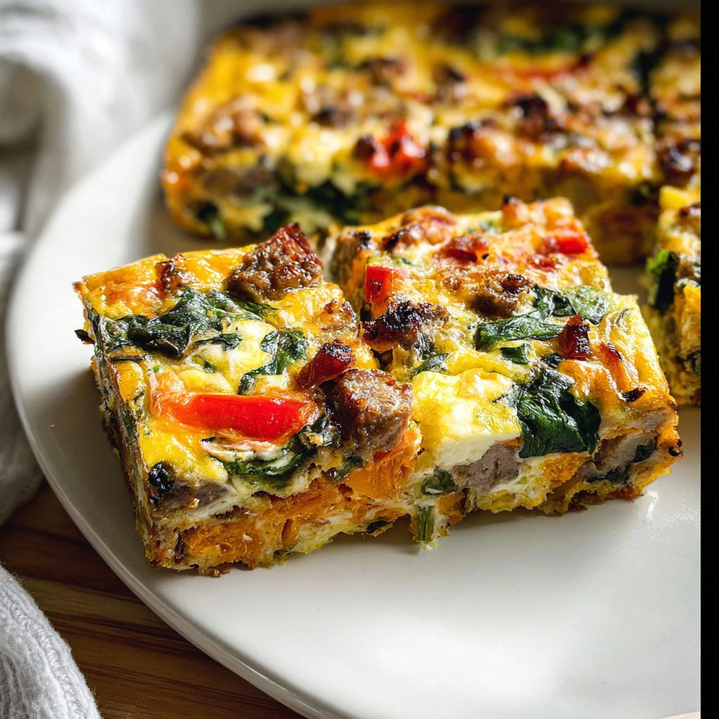 Close-up of a slice of breakfast casserole with sausage, spinach, peppers, and sweet potato.