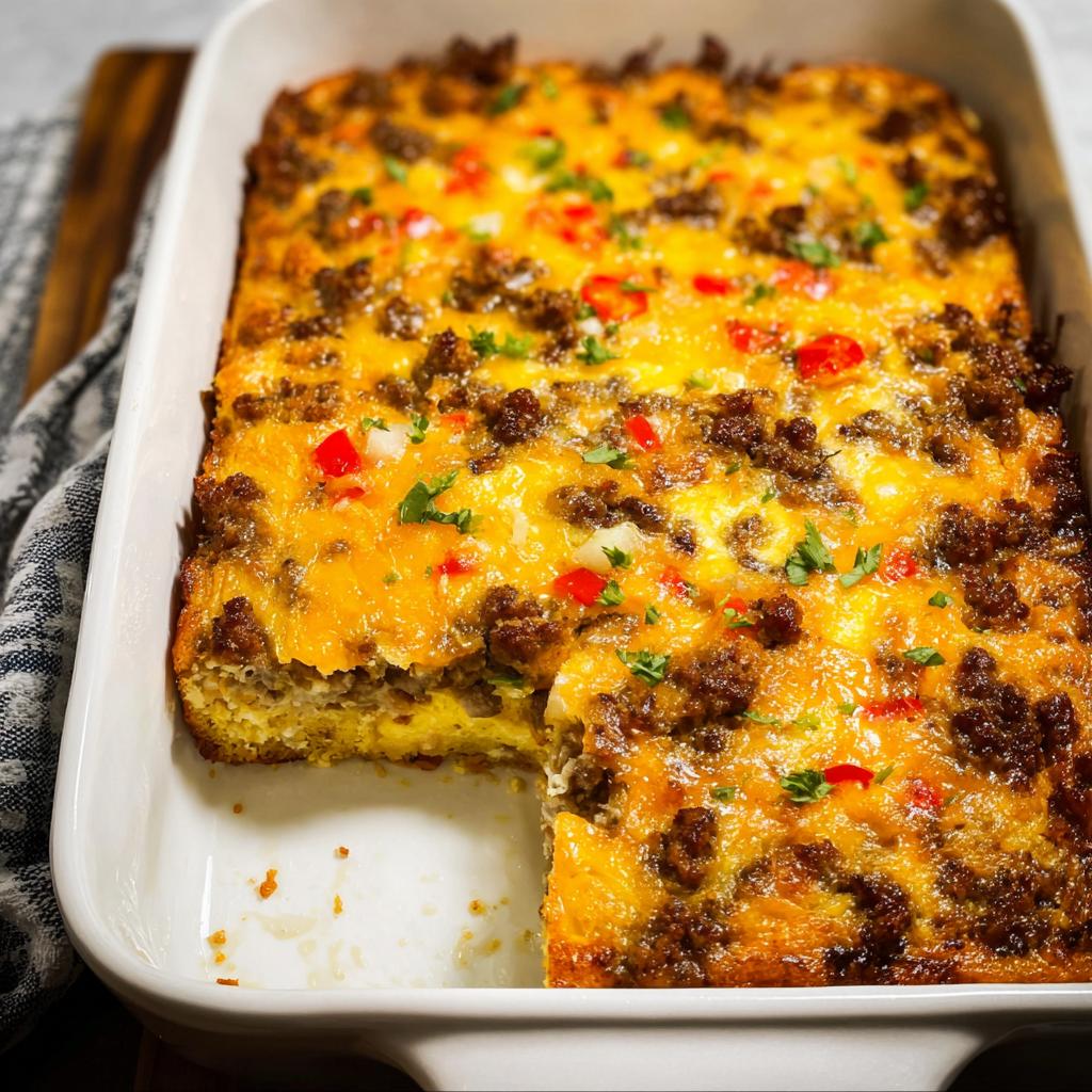 A delicious breakfast casserole with sausage, cheese, and peppers, perfect for meal prep.