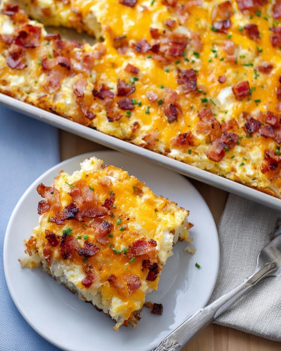 A slice of breakfast casserole recipe with eggs, potatoes, melted cheddar cheese, and crispy bacon bits, garnished with chives.