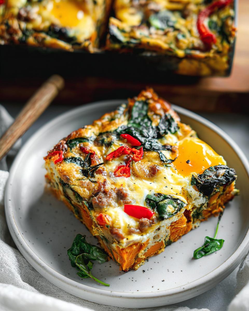 A slice of breakfast casserole with sweet potato, spinach, sausage, and a runny egg yolk, perfect for meal prep.