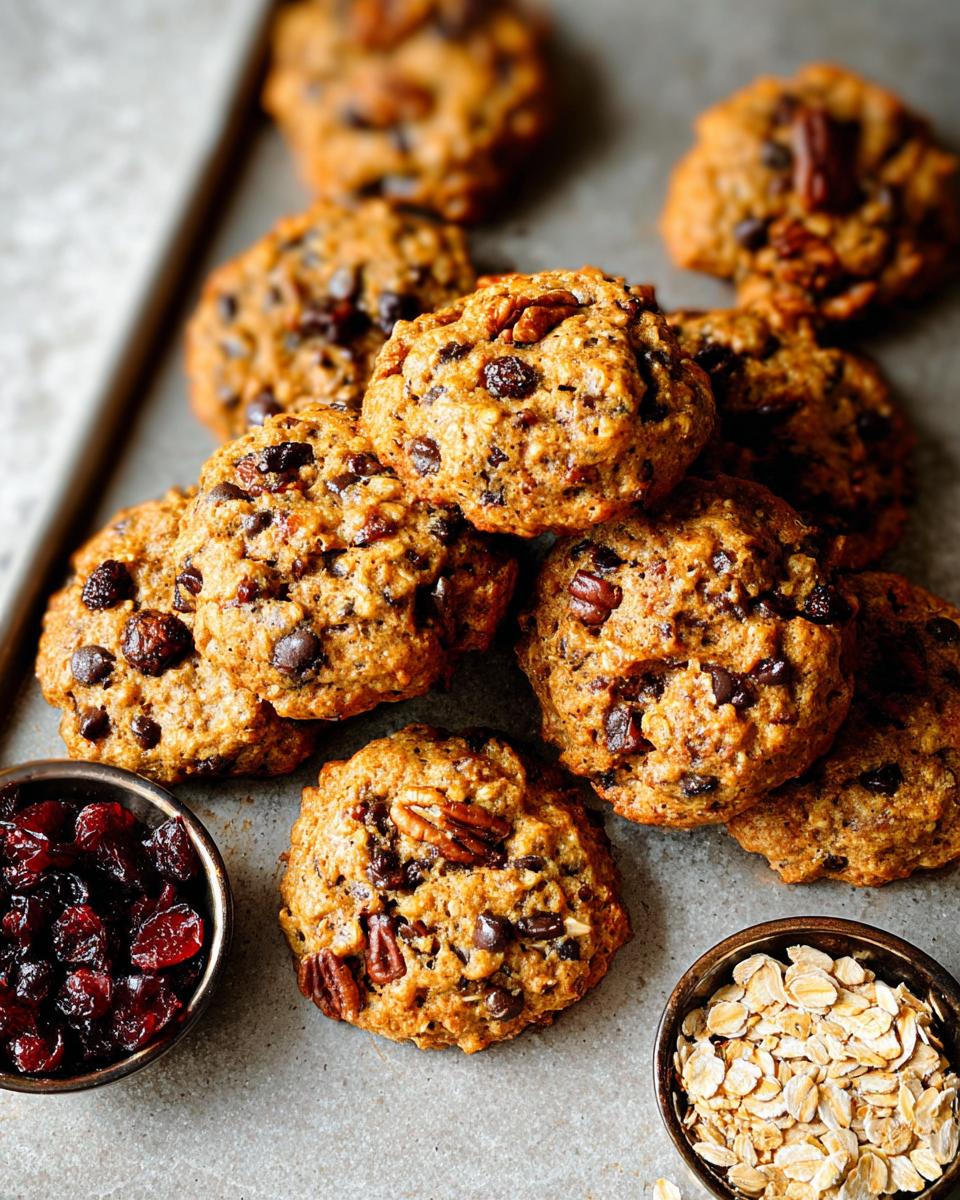 Pile of chocolate chip pecan breakfast cookies with dried cranberries and oats nearby. Perfect for breakfast ideas recipes in 20 minutes.