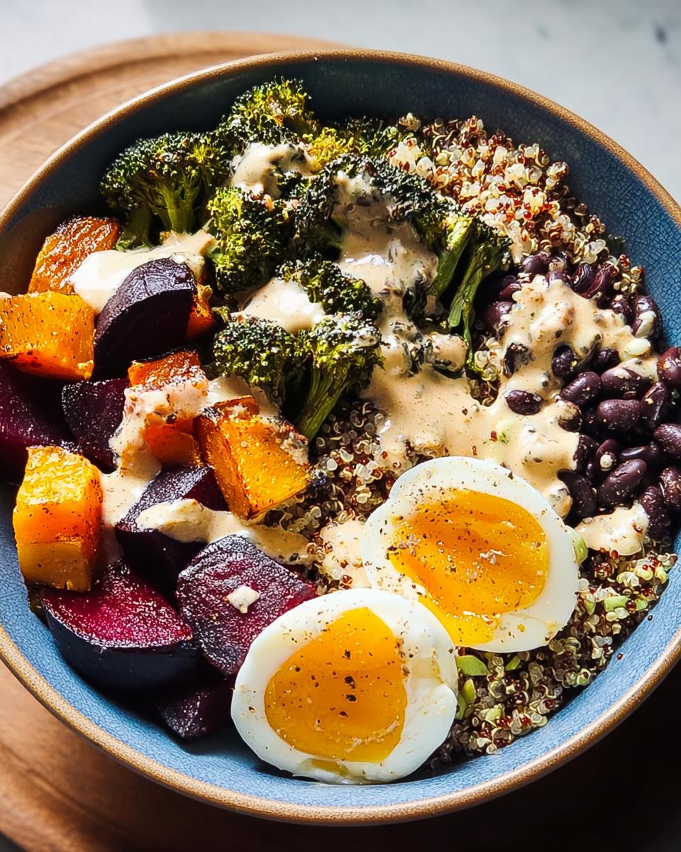 A vibrant breakfast bowl featuring quinoa, black beans, roasted broccoli, beets, butternut squash, and halved hard-boiled eggs, drizzled with a creamy sauce.
