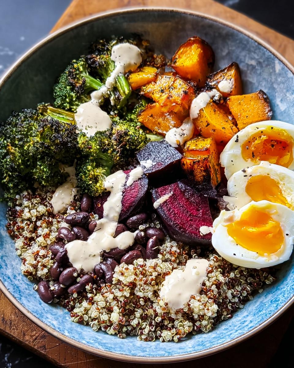 A vibrant breakfast bowl featuring quinoa, black beans, roasted broccoli, beets, butternut squash, and soft-boiled eggs drizzled with sauce.