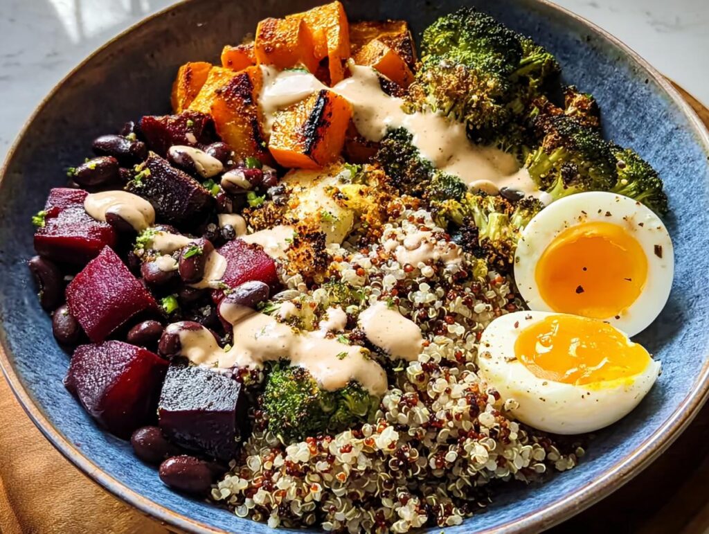 A vibrant breakfast bowl featuring quinoa, roasted vegetables, black beans, and a soft-boiled egg, part of our popular Breakfast Ideas Recipes.