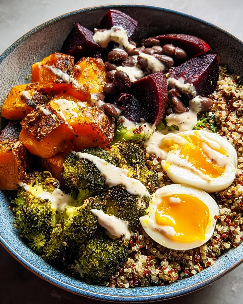 A vibrant bowl of breakfast ideas recipe with quinoa, roasted vegetables, black beans, and a soft-boiled egg.