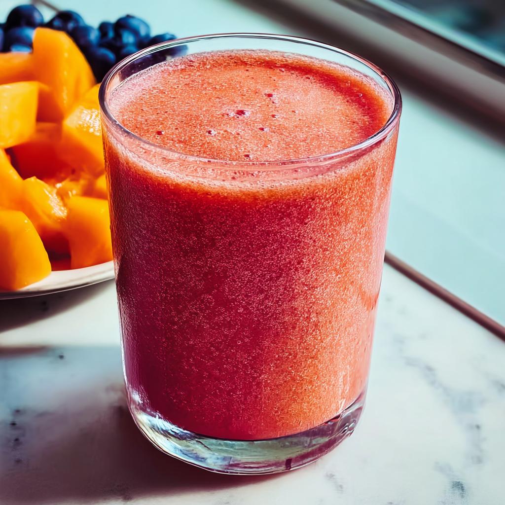 A vibrant red breakfast smoothie in a glass, with chopped peaches and blueberries in the background.