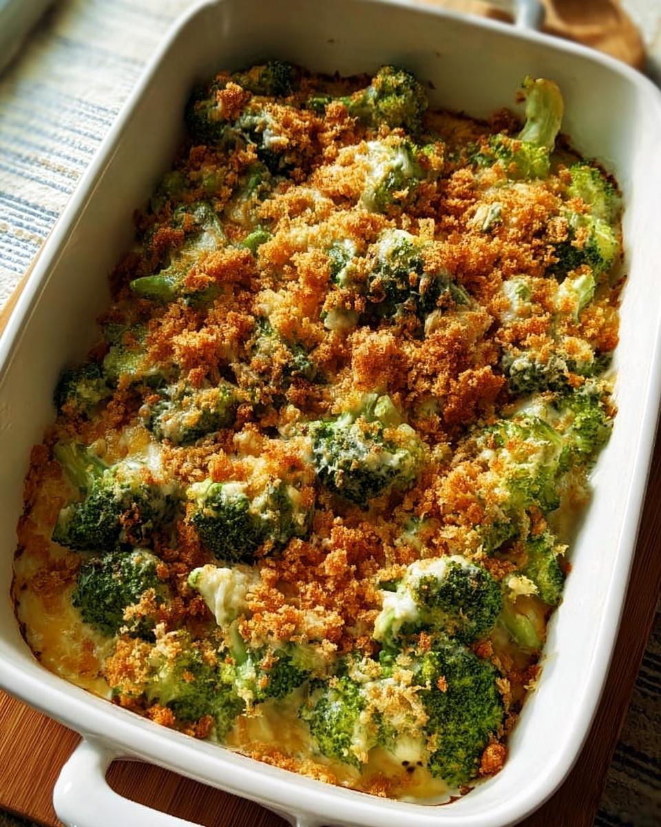 A close-up of a creamy broccoli casserole topped with golden breadcrumbs, perfect for veggie sides recipes.