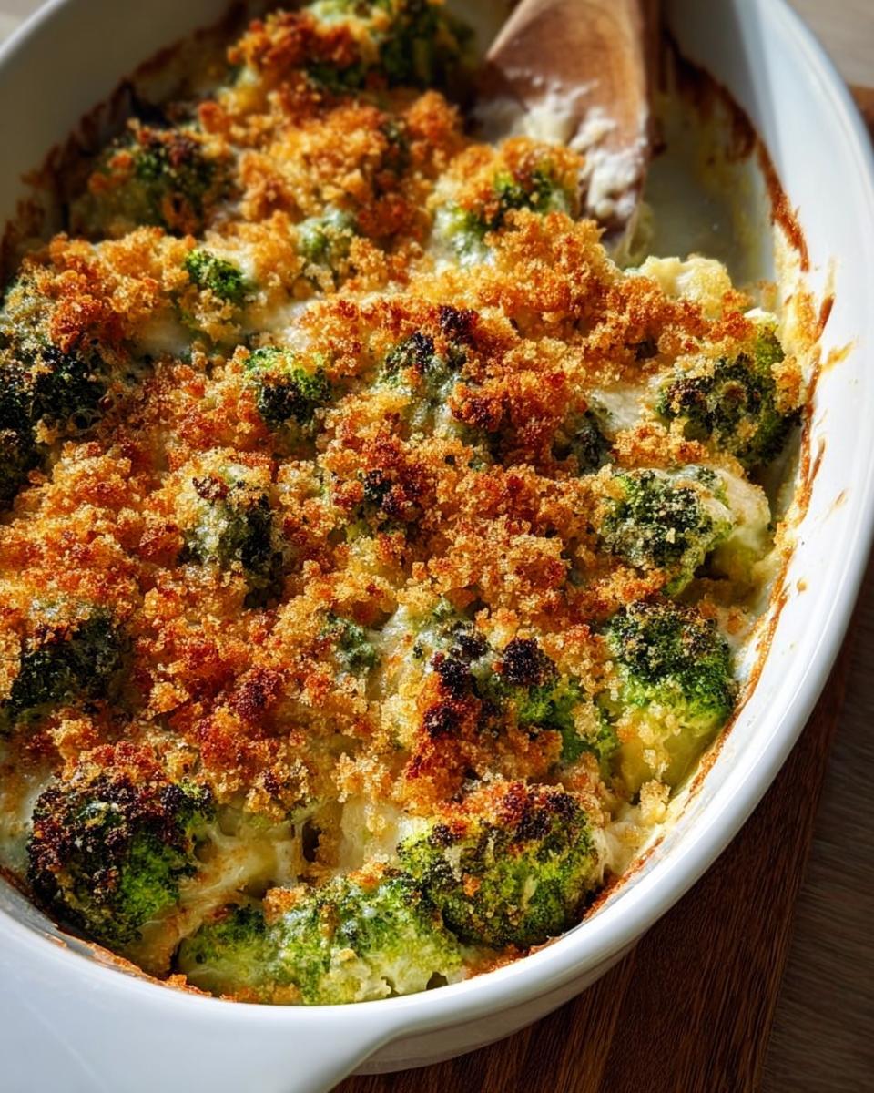 Close-up of a baked broccoli cheese casserole with a golden breadcrumb topping, a perfect veggie side.