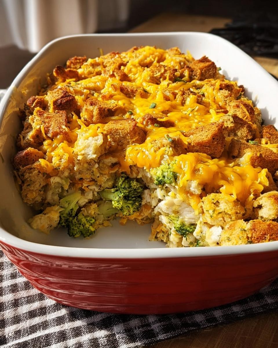 A delicious broccoli chicken casserole topped with melted cheddar cheese and croutons, a perfect example of easy chicken recipes.