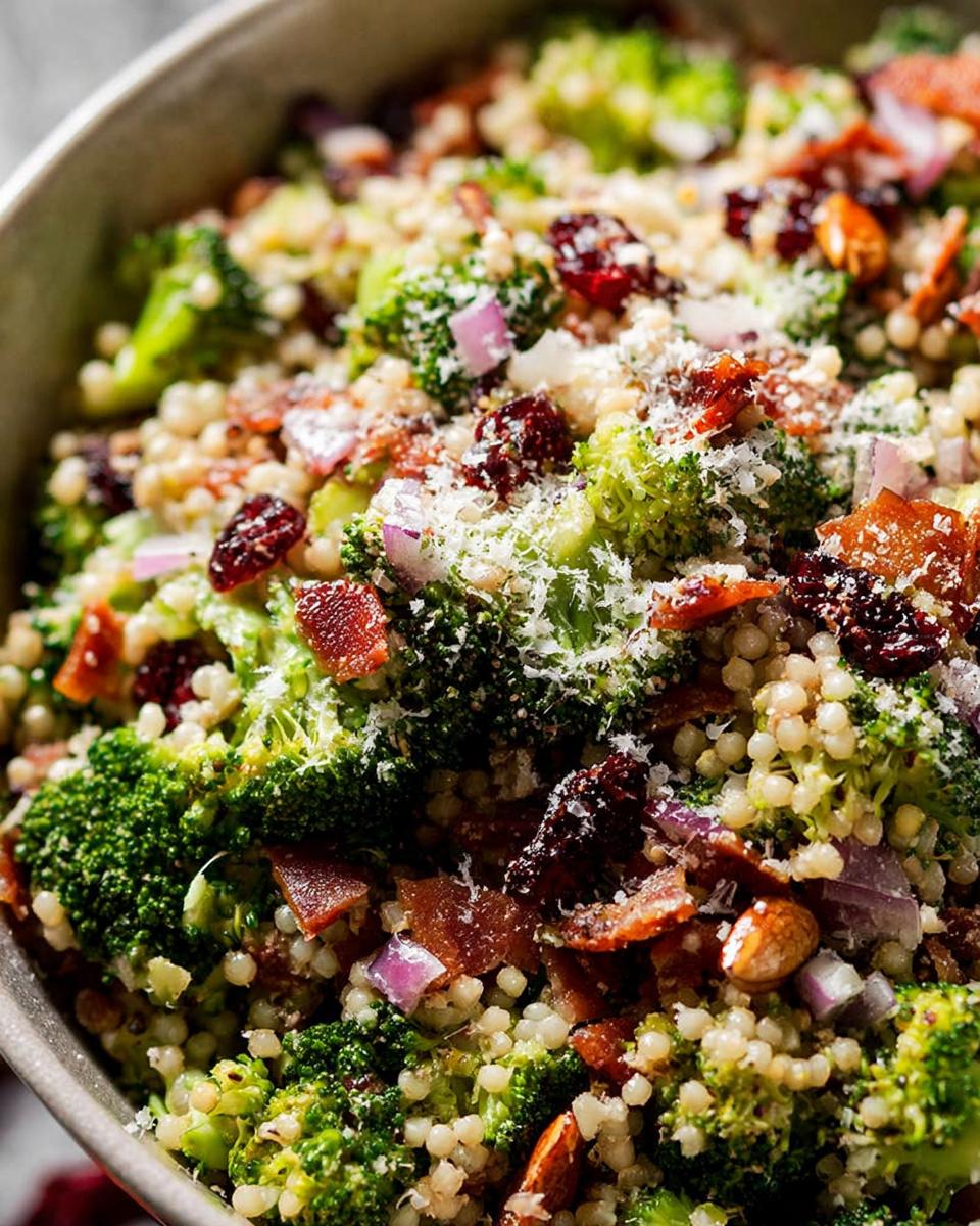 Close-up of a vibrant broccoli salad with couscous, dried cranberries, red onion, and crumbled bacon, part of The Ultimate Veggie Sides Recipes Guide.