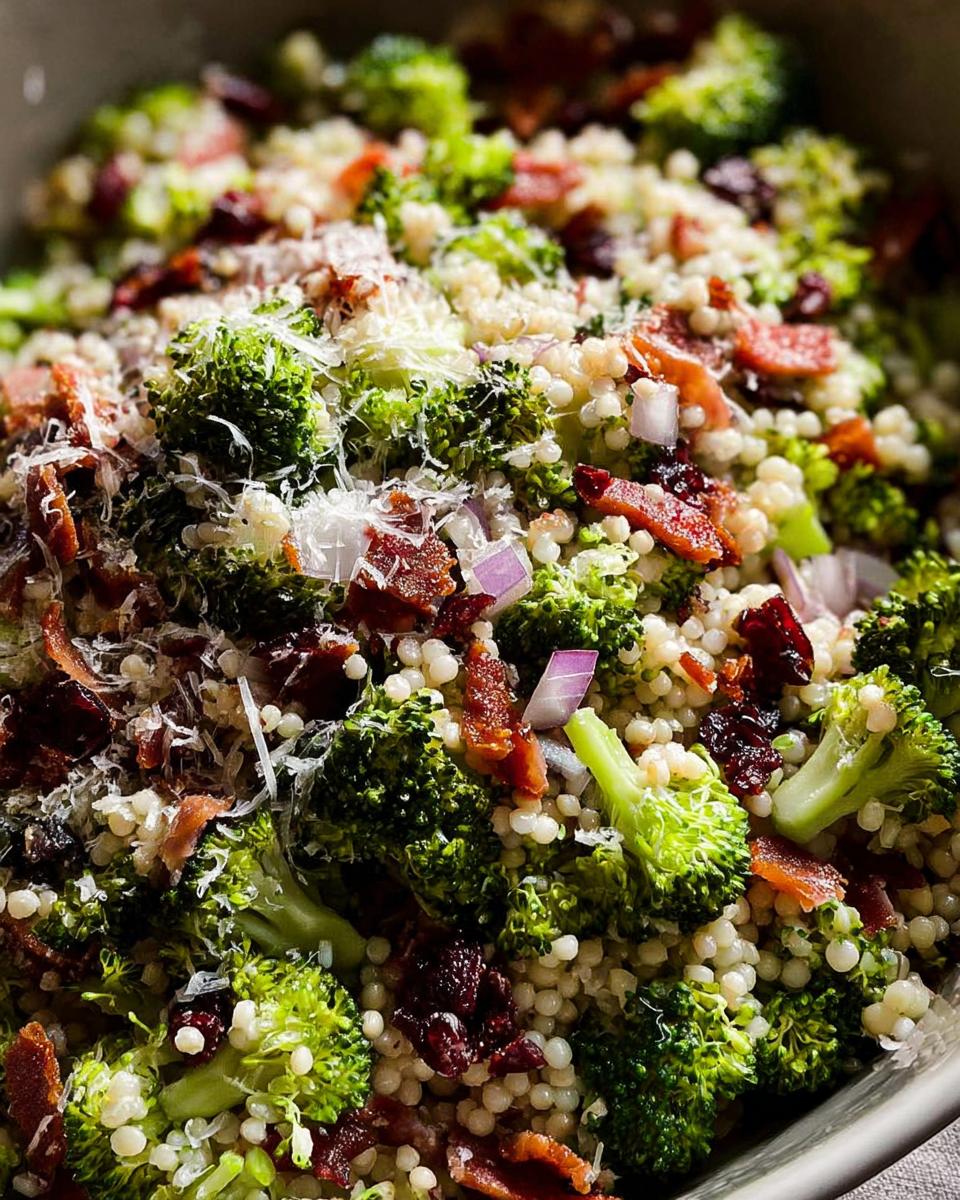 Close-up of a broccoli and couscous salad with bacon, red onion, and shredded cheese, part of The Ultimate Veggie Sides Recipes Guide.