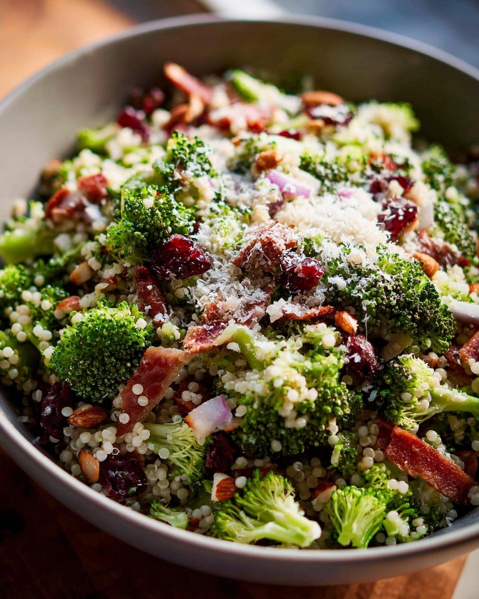 Close-up of a vibrant broccoli quinoa salad with cranberries, almonds, and bacon, topped with parmesan.